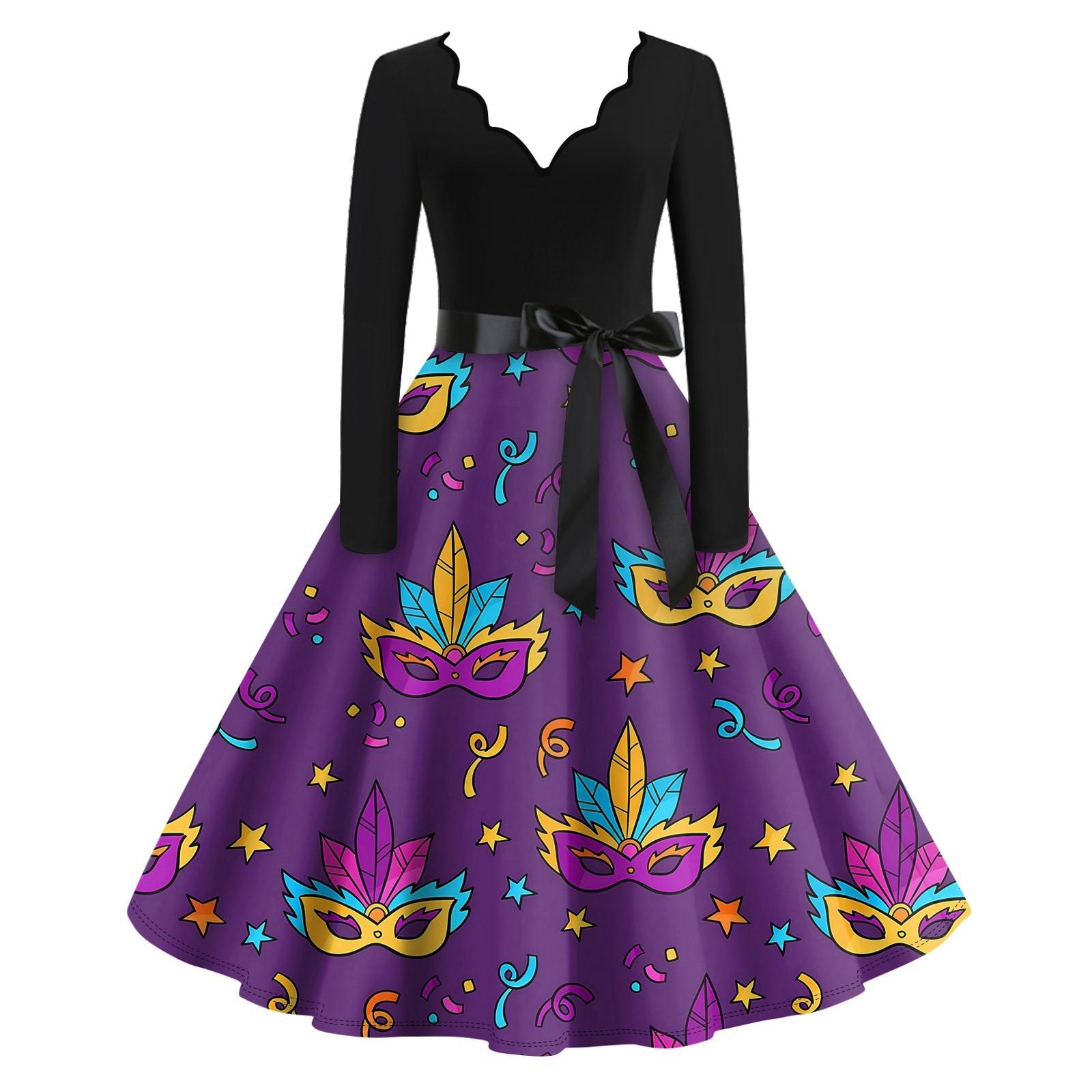 

Женское повседневное модное платье с V-образным вырезом и длинным рукавом с принтом в винтажном стиле XXXXL