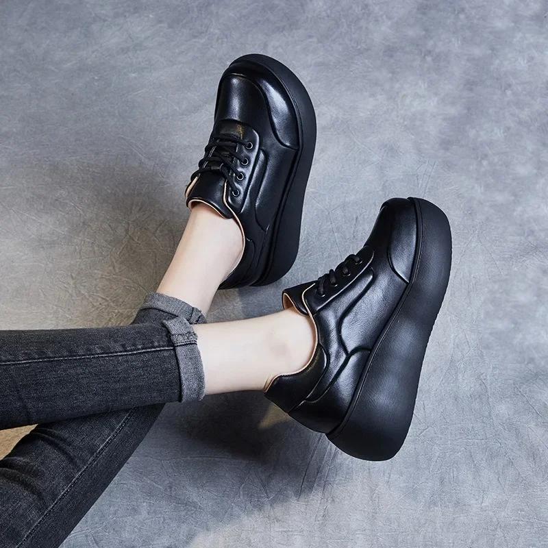Fashion 6CM Women Platform Shoes Handmade Retro Style Genuine Cow Leather Lace-Up Wedges Heel Height Increasing Casual Single Shoes