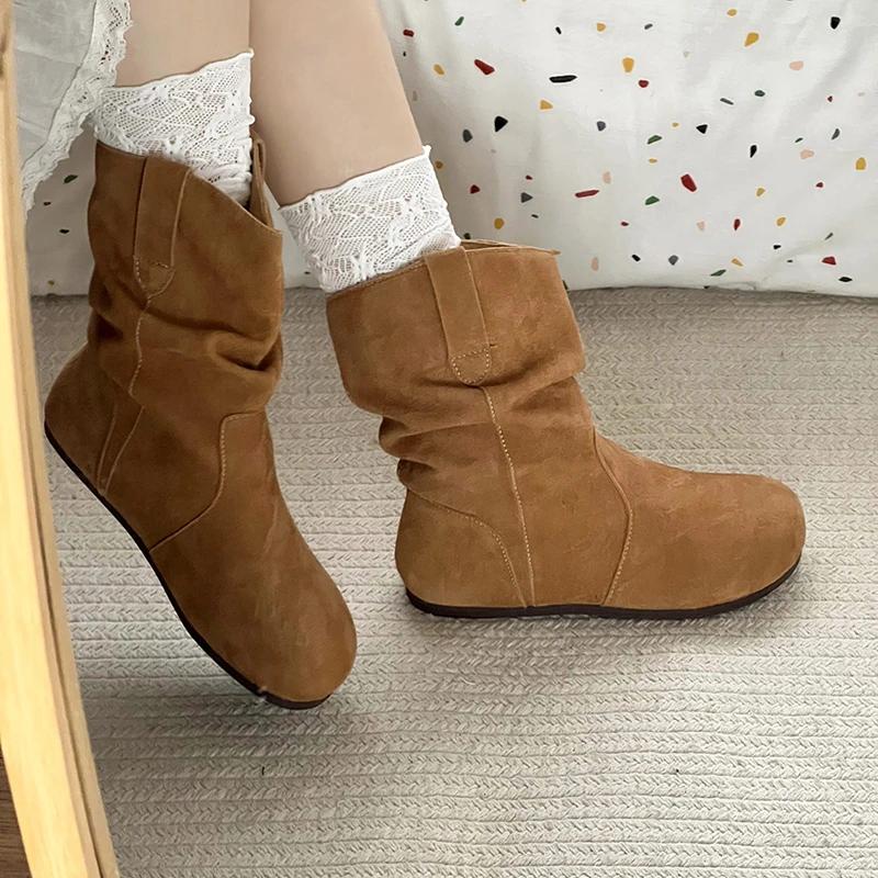 Spring Autumn Vintage Women Flats Ankle Boots Shoes Fashion Round Toe Slip On Pleated Short Booties