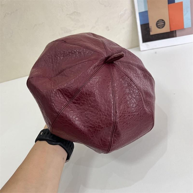 

Осень и зима личи кожа маленькая стандартная беретка женская универсальная ретро шляпа-тыква модная однотонная показать лицо M（56-58cm） фиолетовый