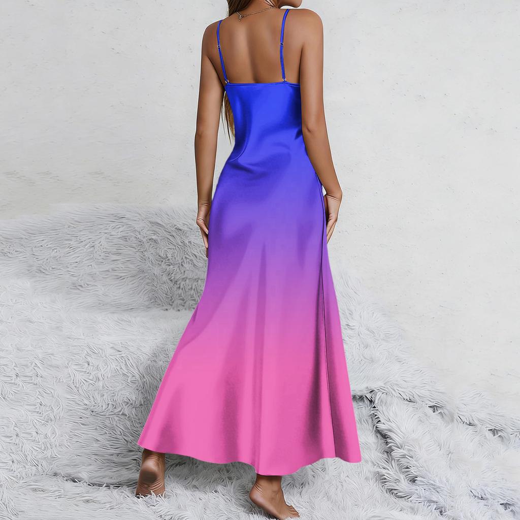 Maxi Abito Smanicato Sfumato con Spalline Sottili Regolabili Scollo a V Casual Vestibilità Larga Estivo Lungo