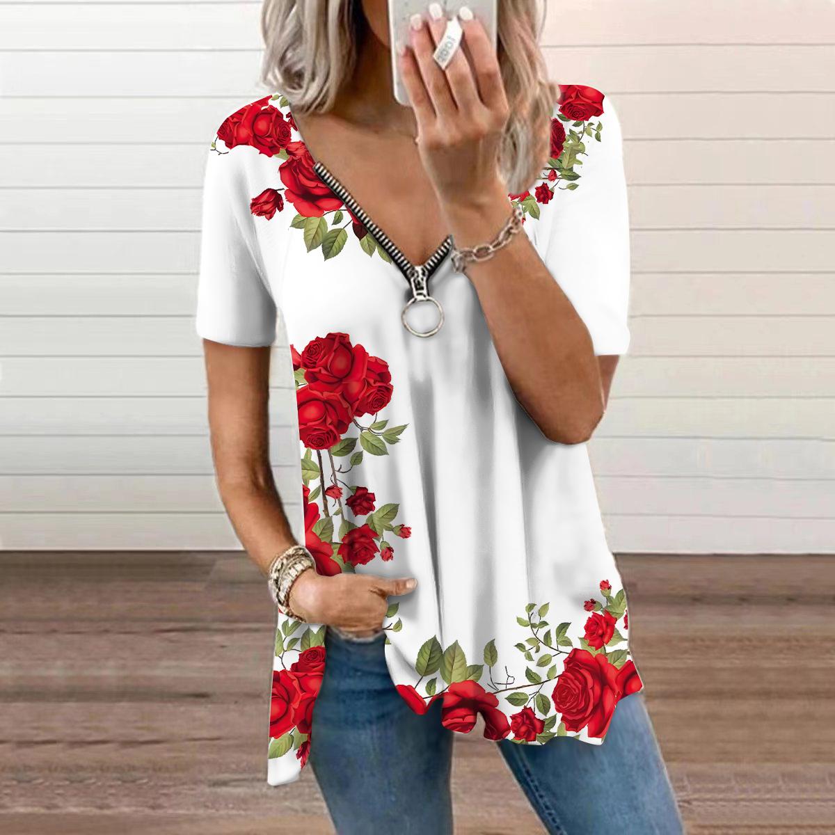 

Женский топ, летний новый модный повседневный разноцветный топ с принтом роз и застежкой-молнией с v-образным вырезом и короткими рукавами 8XL белый