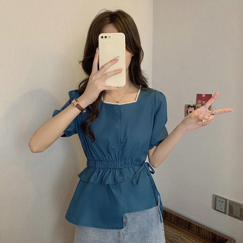 

Летняя женская футболка с жемчужным квадратным воротником и короткими рукавами, нерегулярная нежная рубашка, шифоновая рубашка, блузка, женская L синий