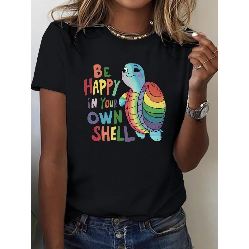 

Womens Rainbow Turtle Print Crew Neck Short Sleeve Summer Casual Tee M чёрный