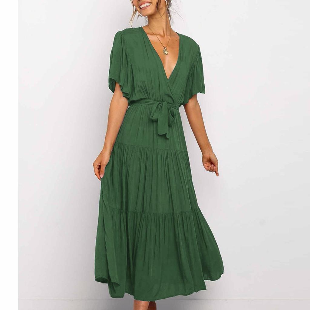 Women's Casual Fashion Color V-neck Lace-up Flared Sleeve Splicing Dress