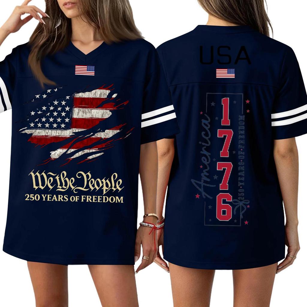 Damska Codzienna Modna Koszulka Sportowa z Dekoltem V z Nadrukiem na Dzień Niepodległości Krótkim Rękawem Top