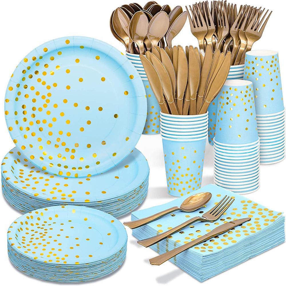 Gold Dot Black, White & Powder Blue Party Supplies: Disposable Plates, Cutlery, Napkins & Tablecloth.