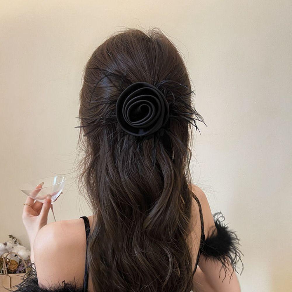 Korean Style Silk Satin Hair Rope Feather Elastic Hair Band Vintage Rose Flower Hair Rope  Girl