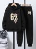 Boys' Casual Two-Piece Hoodie and Pants Set - "67 Number Patchwork" Print, Comfortable Long-Sleeved Pullover and Jogging Pants