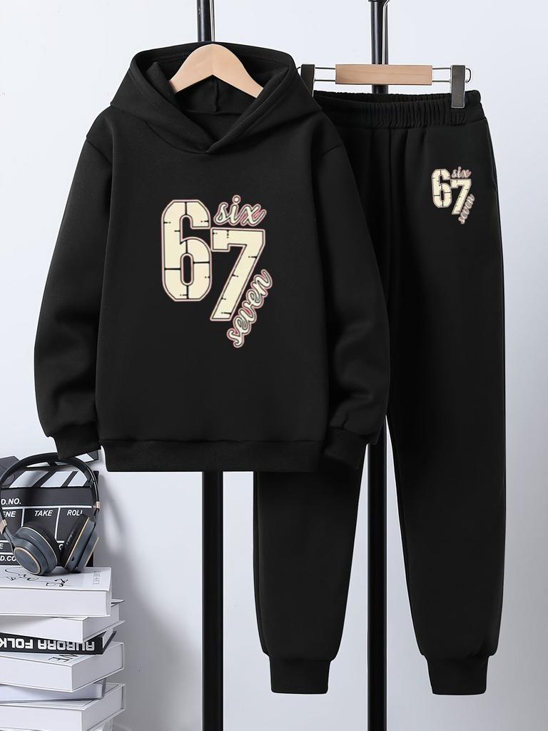 Boys' Casual Two-Piece Hoodie and Pants Set - "67 Number Patchwork" Print, Comfortable Long-Sleeved Pullover and Jogging Pants
