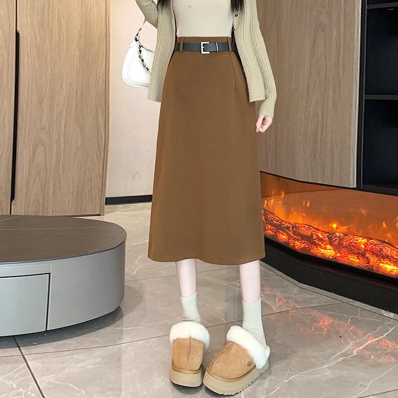 

Plus Size Woolen A-line High-waisted Slit Long Skirt with Elastic Waist & Belt XL кофейный