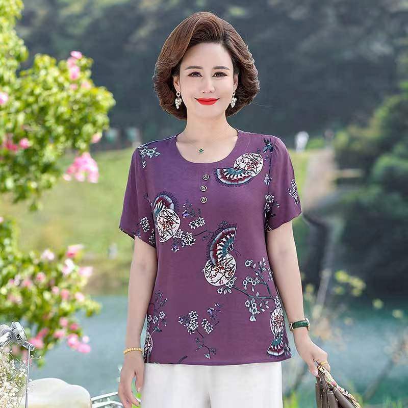 Dámské krátkorukávové s velkým potiskem Ledové hedvábí Krátkorukávové Volné Velké Velikosti Top Trhané Květiny Sto Triček