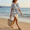 Women Henley Neck Printed Short Sleeve Cotton Linen Shirt with Front Pocket and Button Casual Fit Top