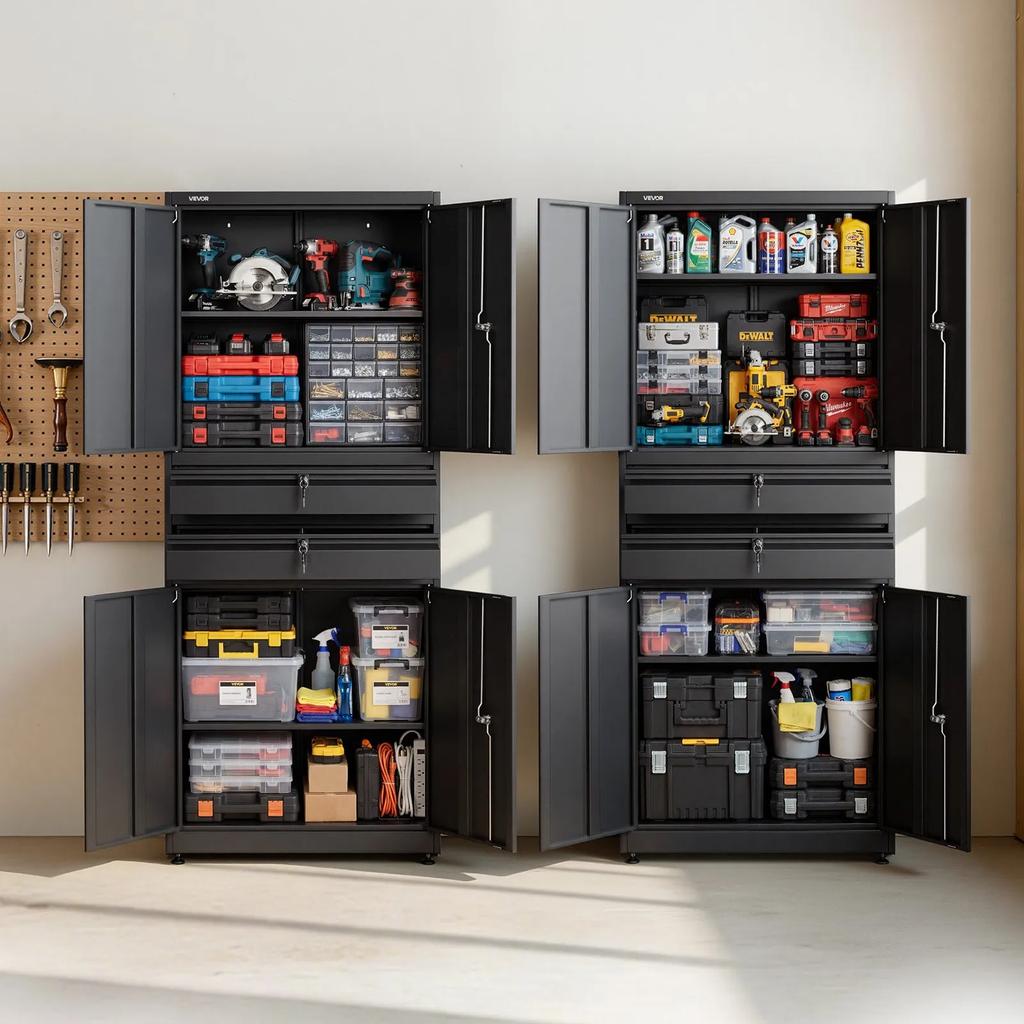 VEVOR Metal Storage Cabinet, 81.5 kg Shelf Load Capacity, 1800 mm Tall Garage Tool Storage Cabinet with 4 Locking Doors and Adjustable Shelves