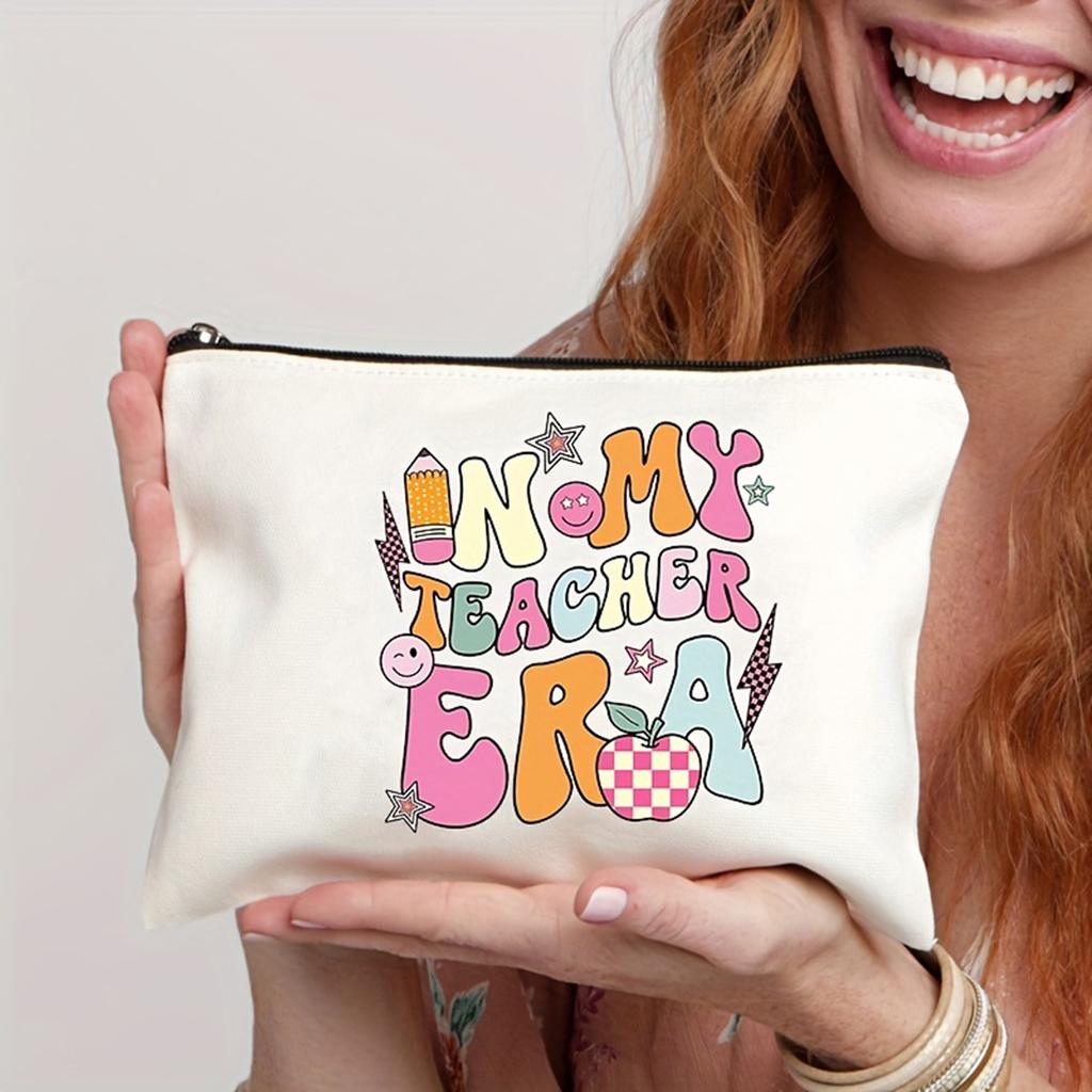 Simple "In My Teacher Era" Pattern Makeup Bag, Portable Travel Pouch Cosmetics Storage Bag, Toiletry Bag For Teachers Gift