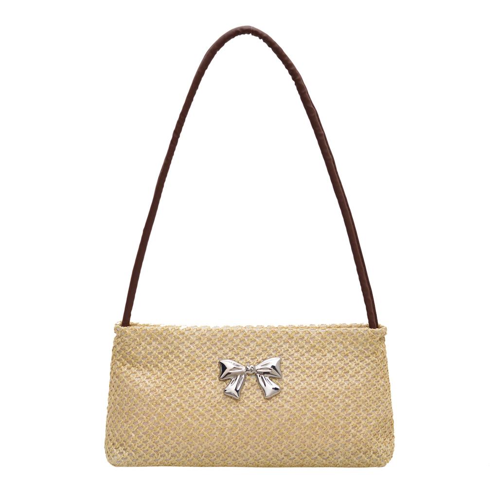 Large Capacity New Casual Temperament Underarm Simple Fashion Solid Color Bow Summer 2025 Straw Woven Shoulder Bag Bag