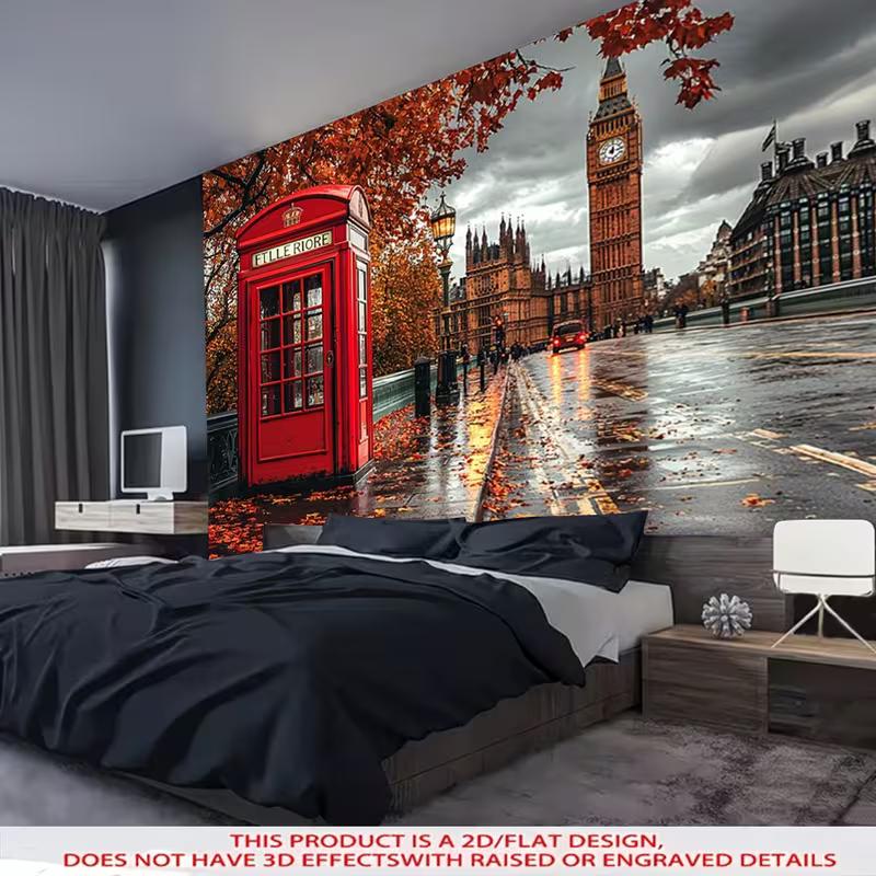 2D Red Phone Booth & Big Ben Tapestry, Autumn London Street Wall Decor for Home