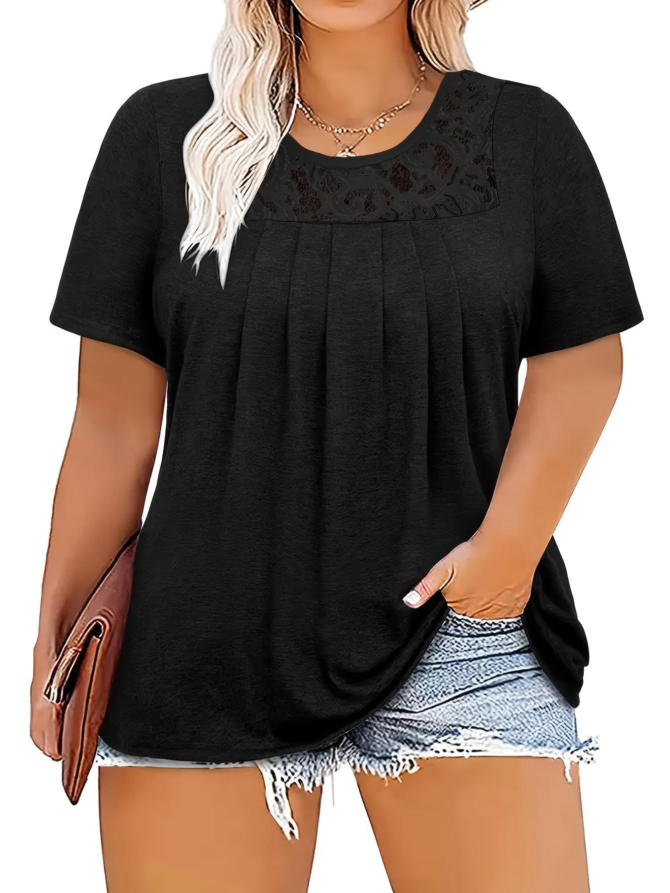 

2025 Plus Size Women s Solid Color Lace Trim Round Neck Short Sleeve Top - White/Black 5XL чорний