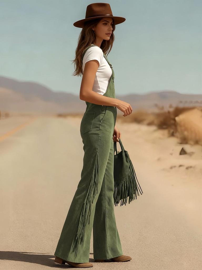 Women's Vintage Western Faux Suede Fringe Wide Leg Cargo Pants Work Pants Trousers