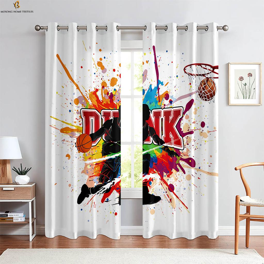 2-delade Flamma Basketboll 3D-tryckta Gardiner Polyesterfiber Maskintvättbara Sovrum Vardagsrum Kök Dekorativa Gardiner