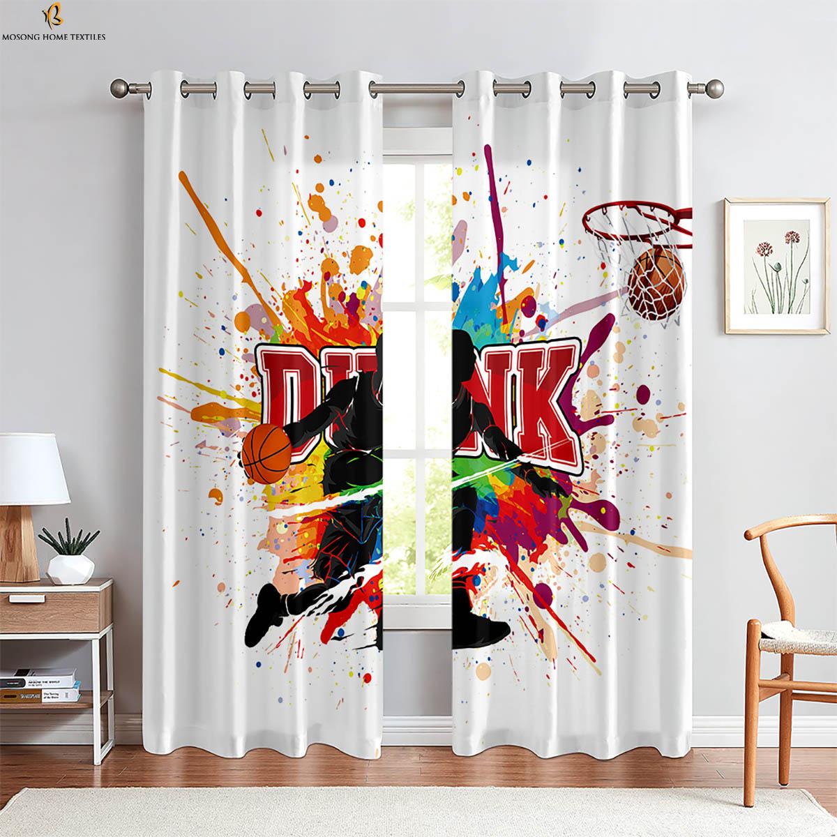 

2-х компонентные шторы с изображением баскетбола и пламени, 3D-печать, полиэфирное волокно, машинная стирка, декоративные шторы для спальни, гостиной, кухни W50xH130(CM)x2PCS&Rod pocket