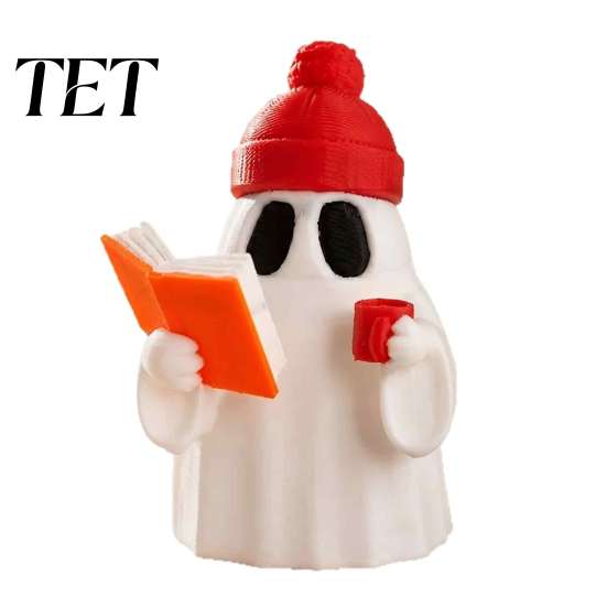 Decorative Ghost Figurine 3D Printed Halloween Figurine, Red Hat Reading Mini Statue, Holding Coffee Sculpture for Holiday Party Decoration Statue