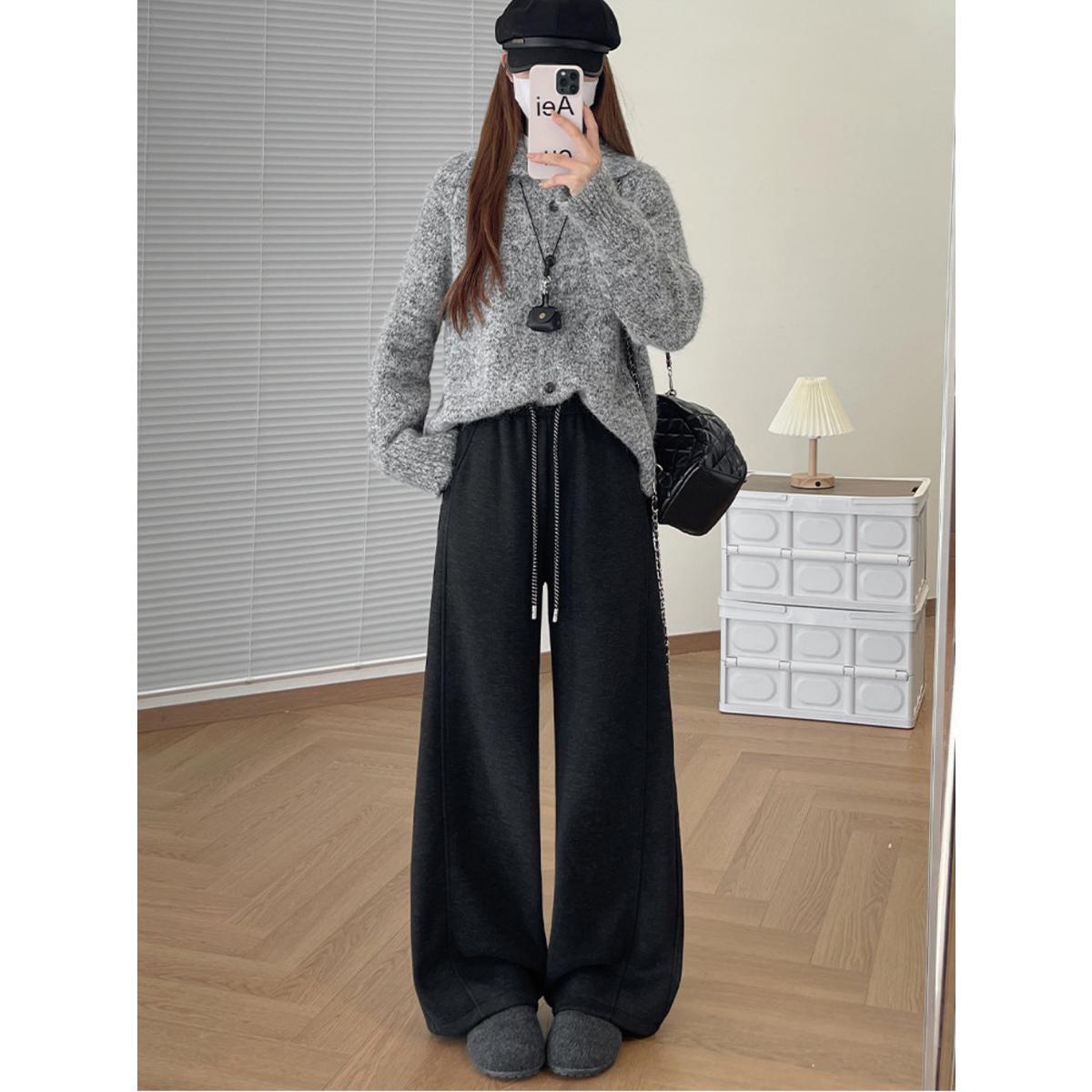 

Winter New Arrival: Plus Velvet High Waist Color Block Wide Leg Sweatpants Black, Fleece, Tall (162cm+)