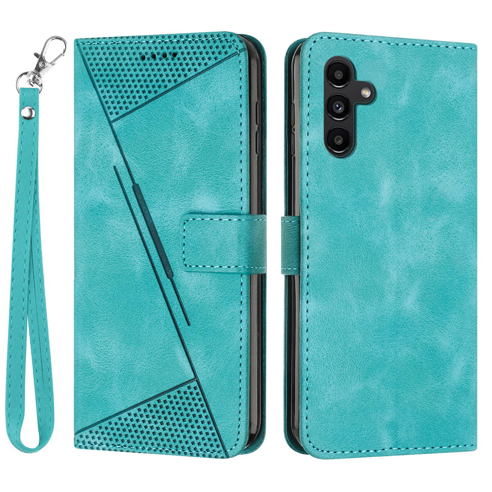 

For Samsung Galaxy S25 FE Leather Case Imprinted Triangle Phone Cover with Hand Strap Green