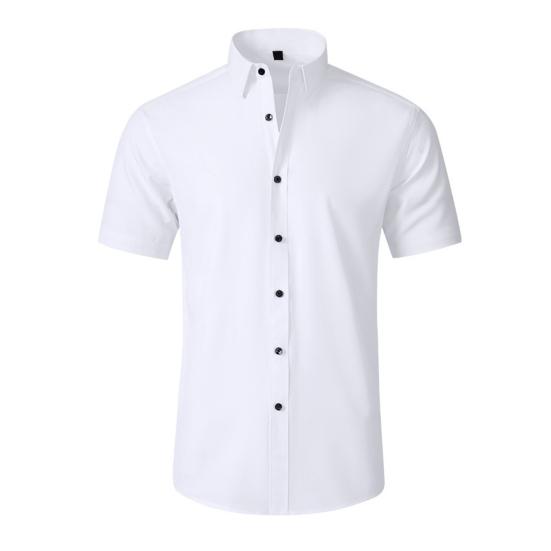 Men Stretchy Dress Shirt Slim Fit Solid Color Lapel Button-down Shirt Wrinkle-Free Short-sleeve Long Sleeve Business Shirt for Work Party Dating