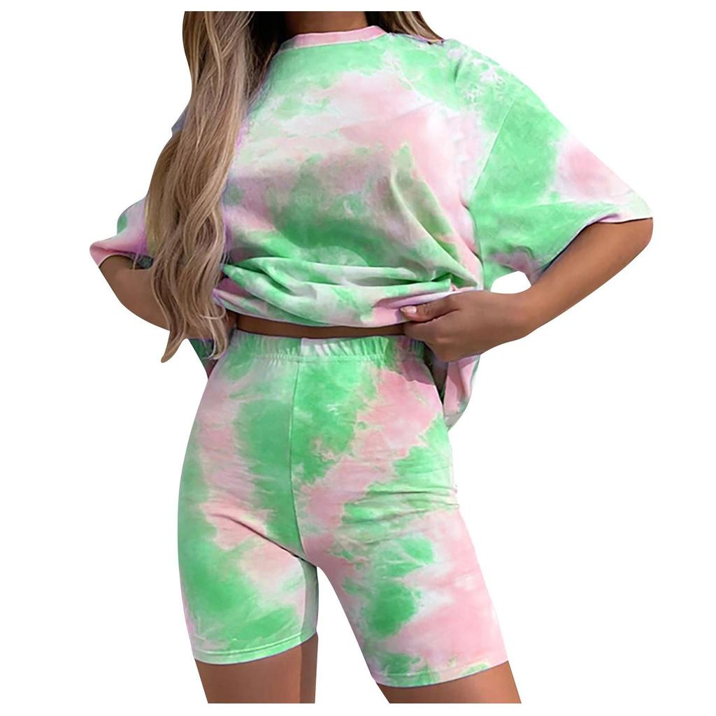 Ladies Summer Fashion Tie-dye Gradient Loose Casual T-shirt Tight Shorts