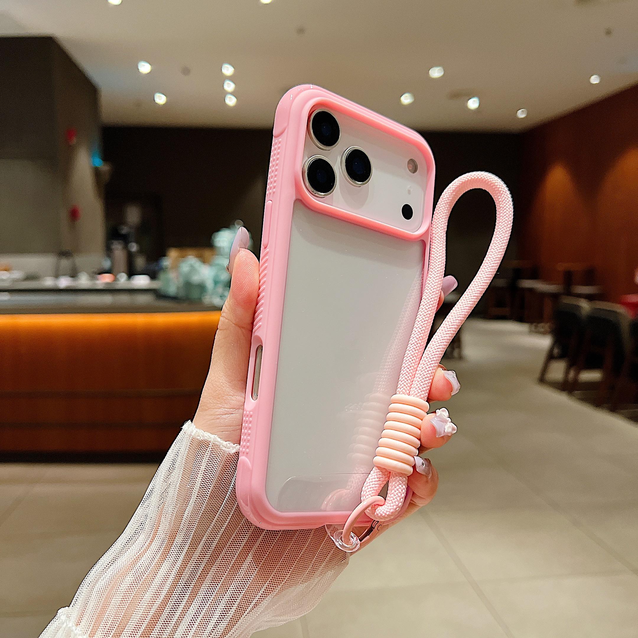 

For iPhone 17 Pro Max Case TPU+PC Transparent Protective Phone Cover with Wrist Strap Pink