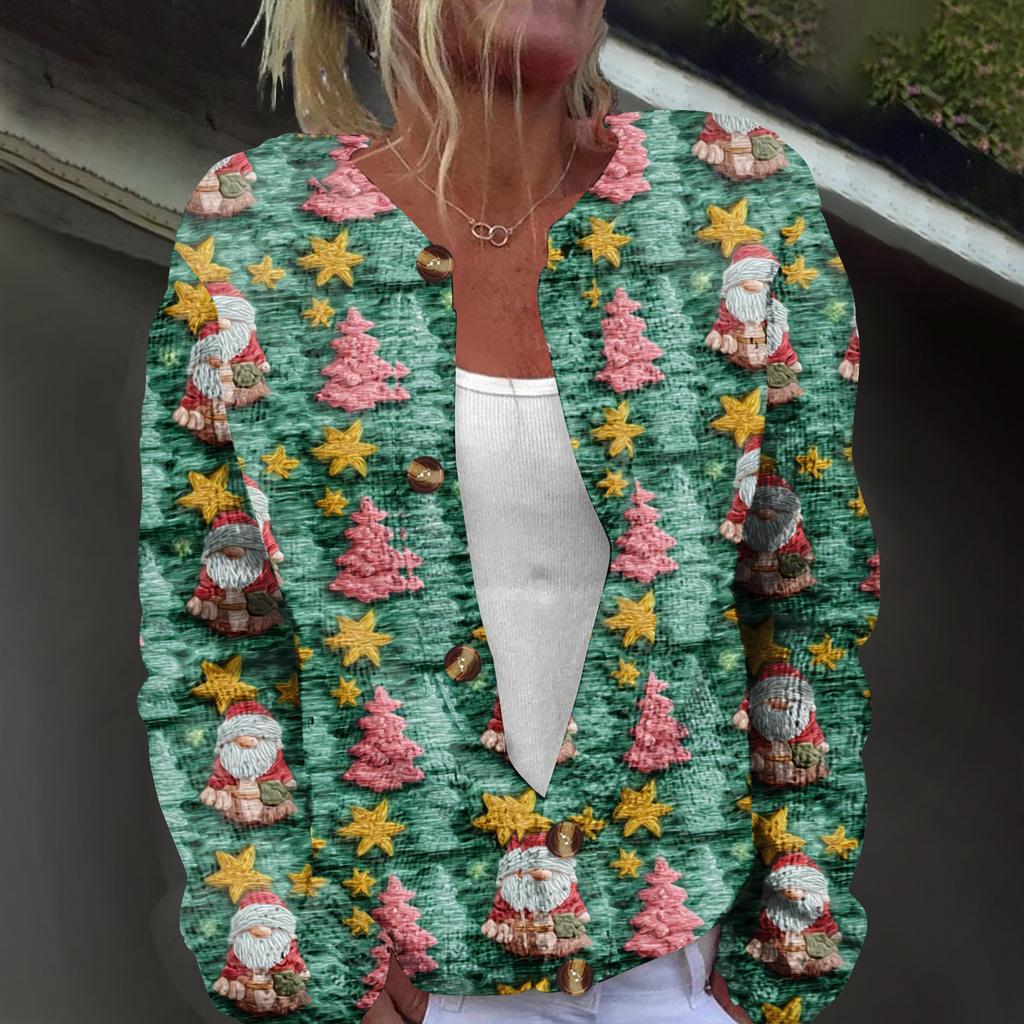 Women's Fashion Christmas Printed Long Sleeve Knitted Cardigan Button Down Jacket