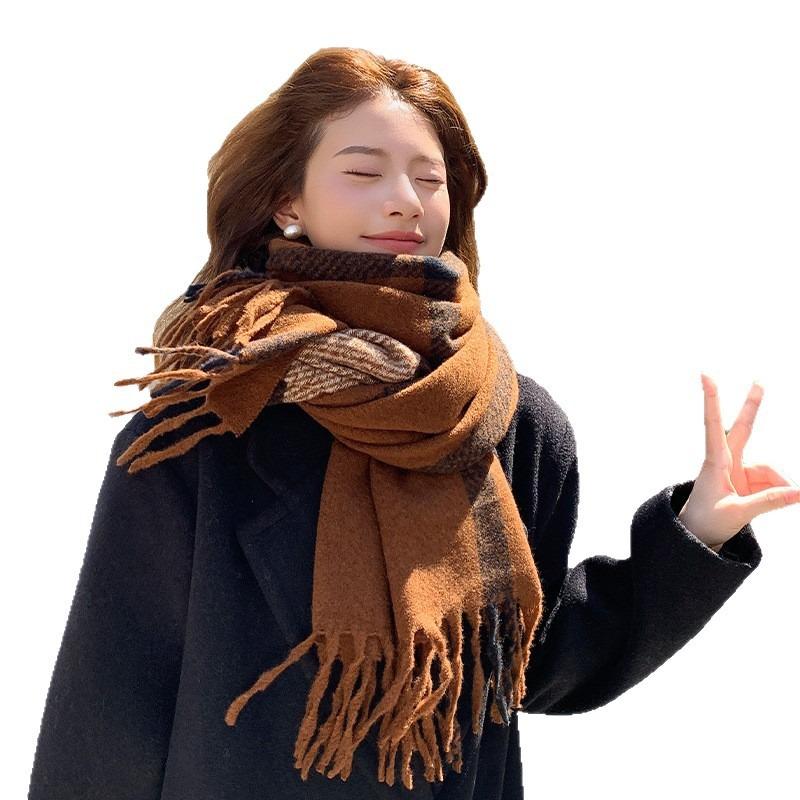 Scarf autumn and winter women's new Maillard plaid shawl high-end atmosphere thickened warm scarf
