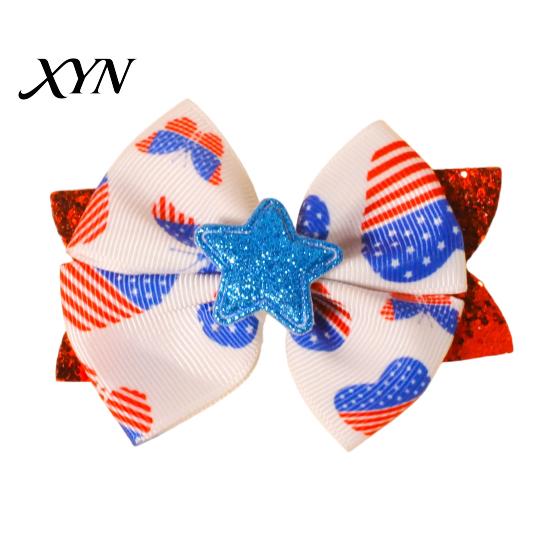 Red And Blue Hair Bows Independence Day Bow Clip for Girls, White Glitter Hairpin, Double Layer Decorative Barrettes with Sequins Star, Fashion