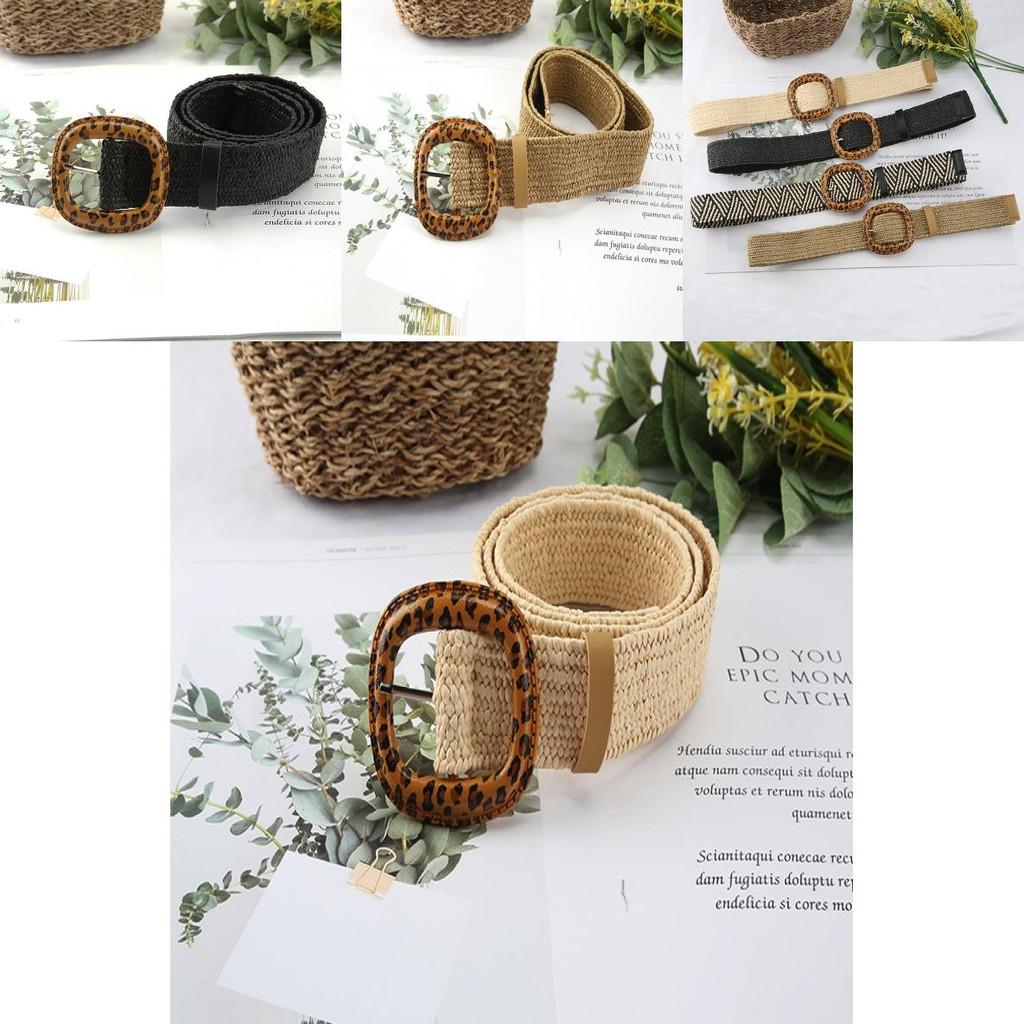 Fashion Leopard Print Buckle Decoration Women Woven Waist Belt For Beach And Casual Looks