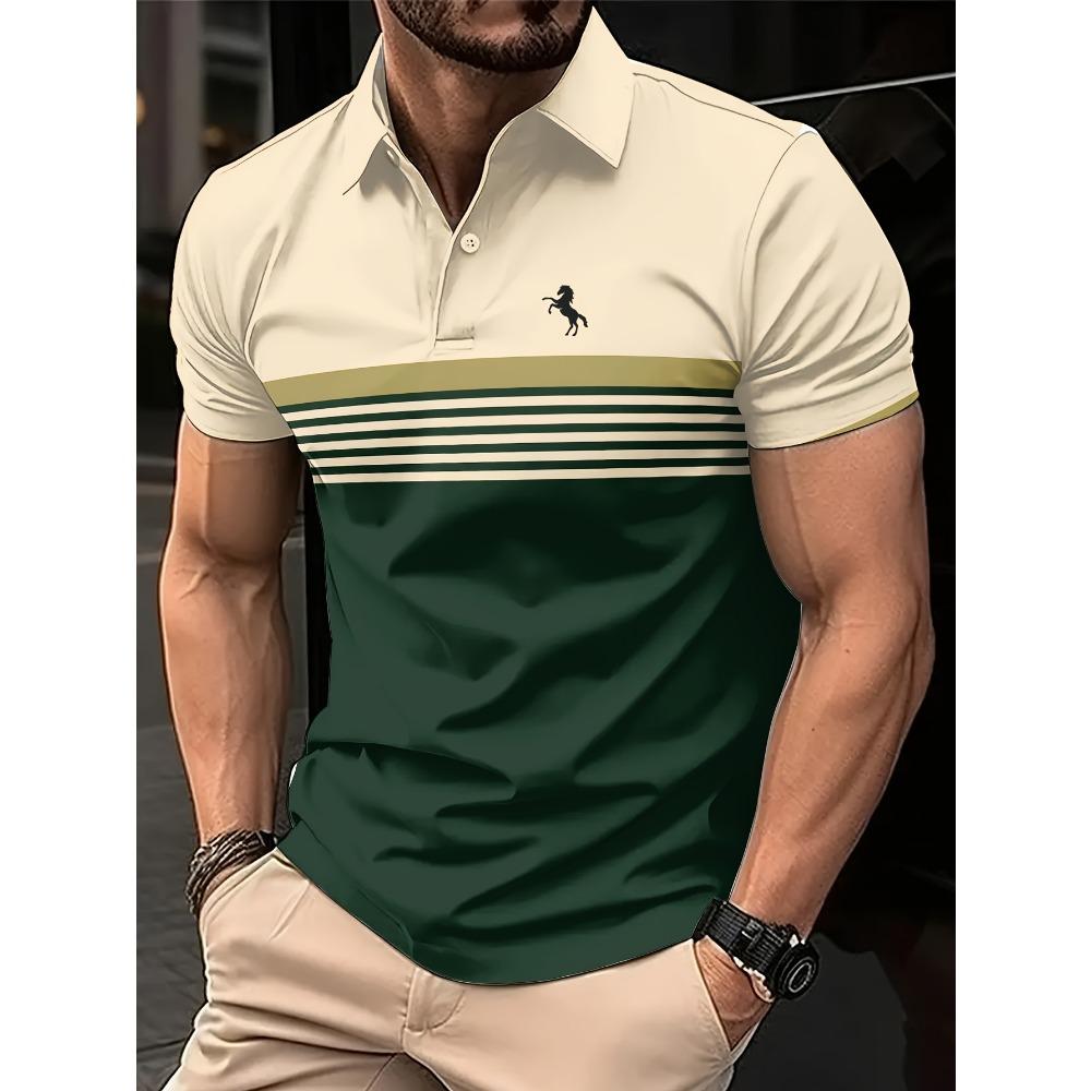 Fashion Men'S Casual Striped Polo Shirt, 100% Polyester Fabric, Regular Fit with Slight Stretch, Button Collar