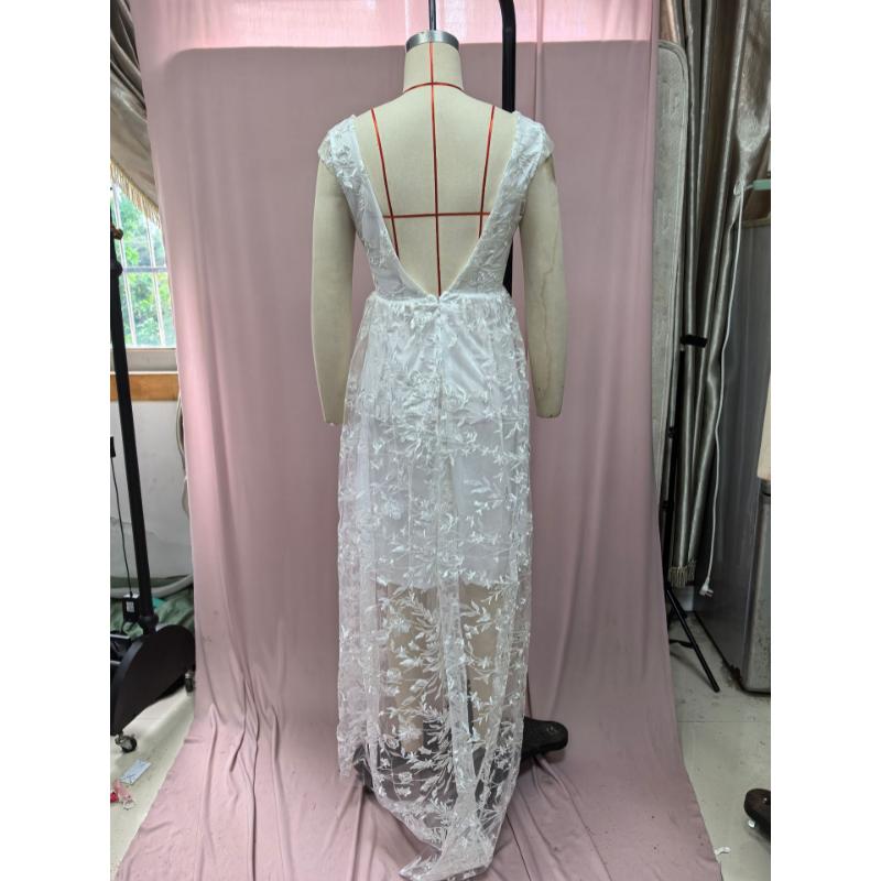 Women White 3D Floral Lace Deep V Sheer Tulle A Line Wedding Dress Spring Elegant Bridal Train Maxi Gown Formal Wedding Guest Evening Party Dress