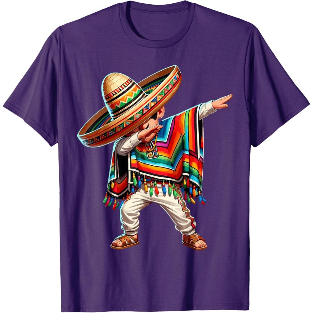 Mexican Boy Dabbing Poncho Sombrero Graphic Tee Cinco de Mayo Casual Cotton T-Shirt