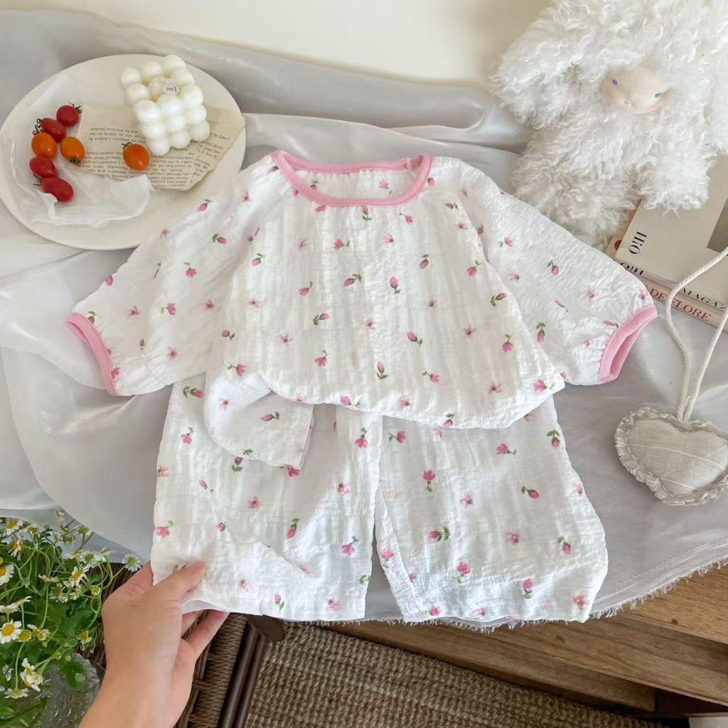 2025 Spring/Summer Girls' Pajama Set: Thin Round Neck, 5-Sleeve, 7/8 Pants, Color Block Design, Perfect for Homewear and Air-Conditioned Rooms