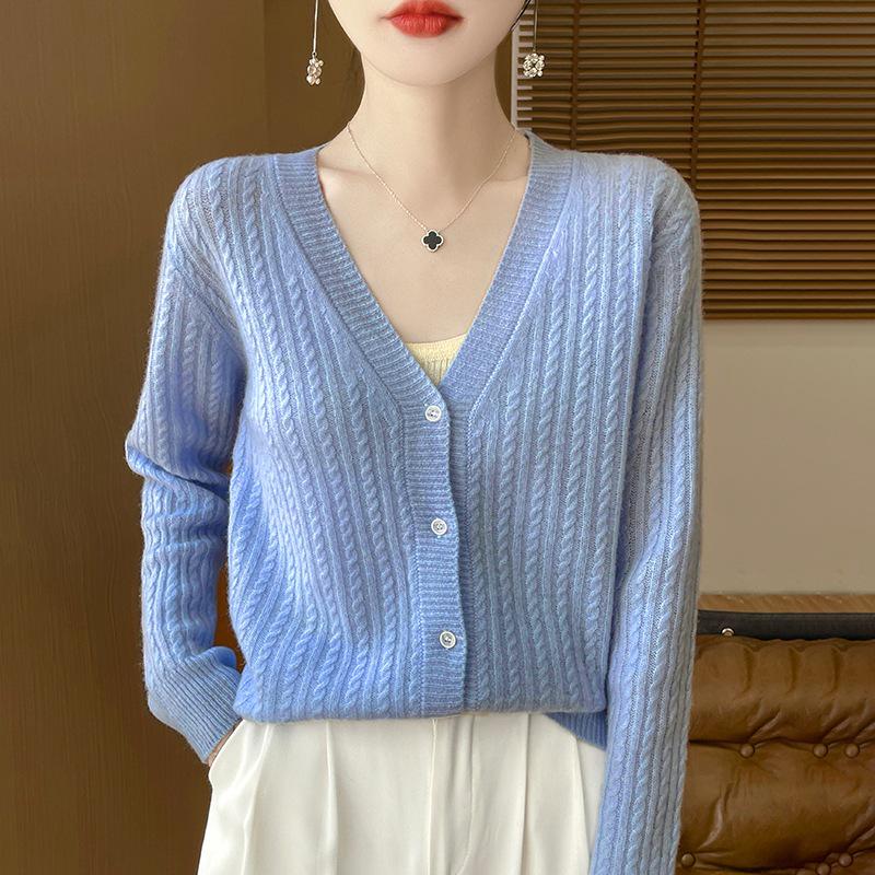 

Модный свободный кардиган-пальто с V-образным вырезом и вязаным узором «косы» - Приталенный и универсальный женский свитер Medium