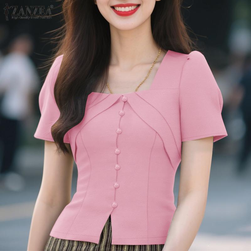 ZANZEA Damen Sommer Casual Kurzarm Slim Bluse mit quadratischem Ausschnitt