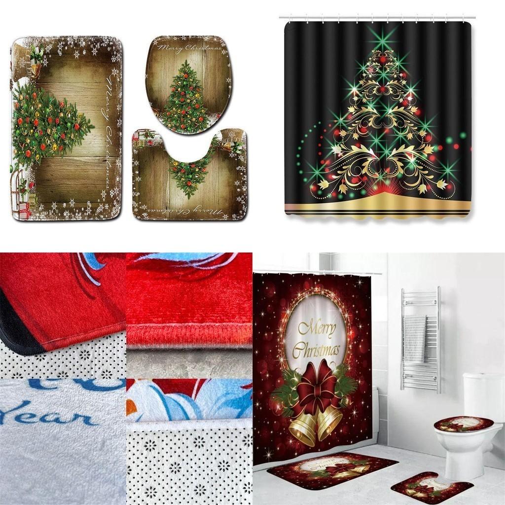 4pcs Christmas Shower Curtain And Toilet Cushion Set Cover Mat For Festive Bathroom Decor