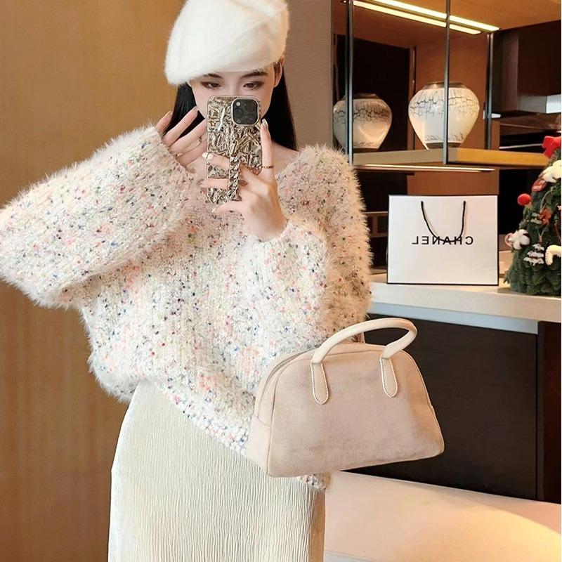 Autumn Winter Women Sweet V-neck Soft Furry Mohair Knitted Sweater Christmas Pullover Tops