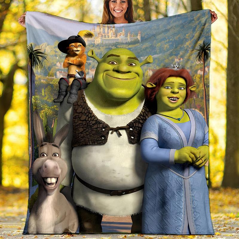Přehoz s potiskem Shrek - Ideální na pohovku, postel, cestování a venkovní použití | Lze prát v pračce, útulný a odolný.