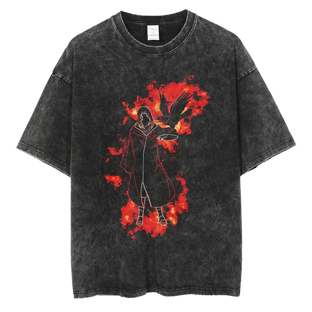 Men Streetwear Tshirt Japanese Anime Naruto Graphic TShirt Cotton Harajuku Washed T Shirt Summer Hip Hop Tops Tees Black