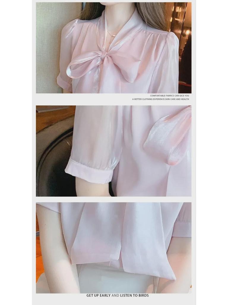 2025 Summer New Korean Style V-Neck Bow Lace Chiffon Shirt - Pink Sweet Short-Sleeved Top