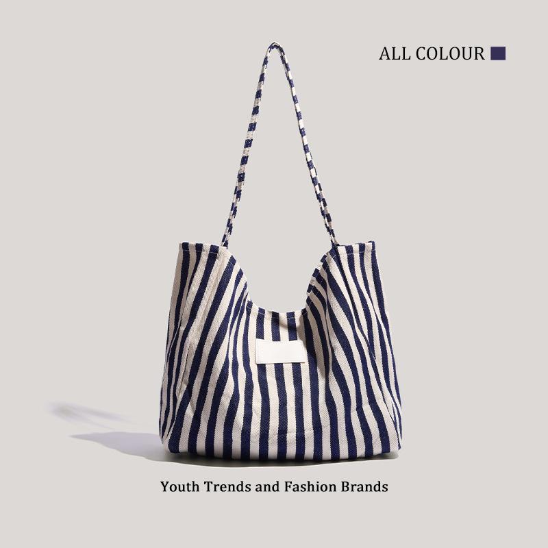 Hong Kong Style Large-capacity Striped Tote Bag Women's New Simple and Fashionable Shoulder Bag Student Class Commuting Bag