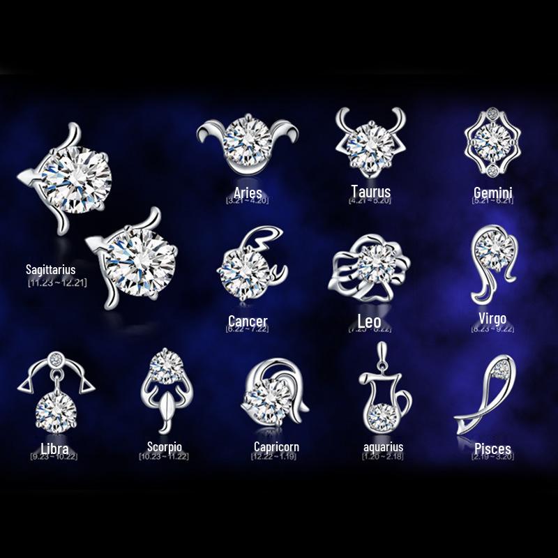 Wei Hua Retro Zodiac Silver-Plated Zircon Stud Earrings for Women