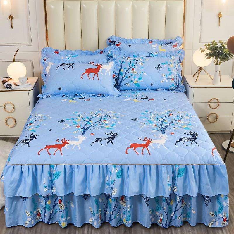 Fustă de pat prințesă matlasată cu dantelă în stil coreean – Cuvertură de pat groasă, din mătase periată, rezistentă la praf