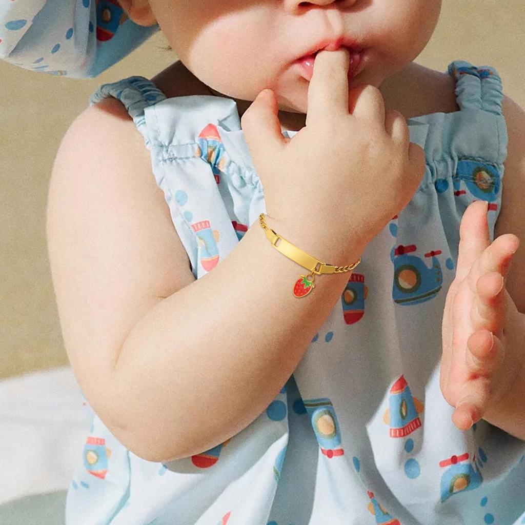 Vnox Customized Baby Bracelets With Fruit Pendant, Stainless Steel Cuban Mesh Chain Free Engraving Bar, Jewelry Birthday Gift